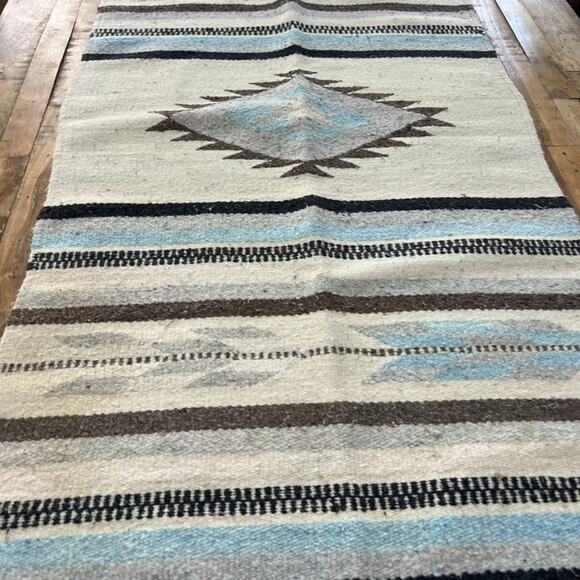 Unbranded Hand Woven Rug 56 x 27 in Southwestern Boho Aztec Blue Gray Black - Picture 2 of 6